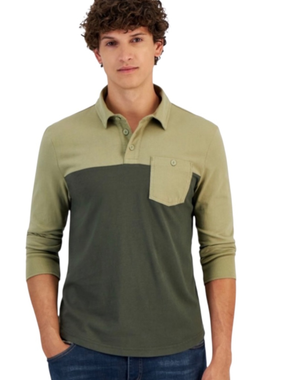 Sun + Stone Men's Utility Long Sleeve Colorblocked Pocket Polo Shirt, Sage L NWT